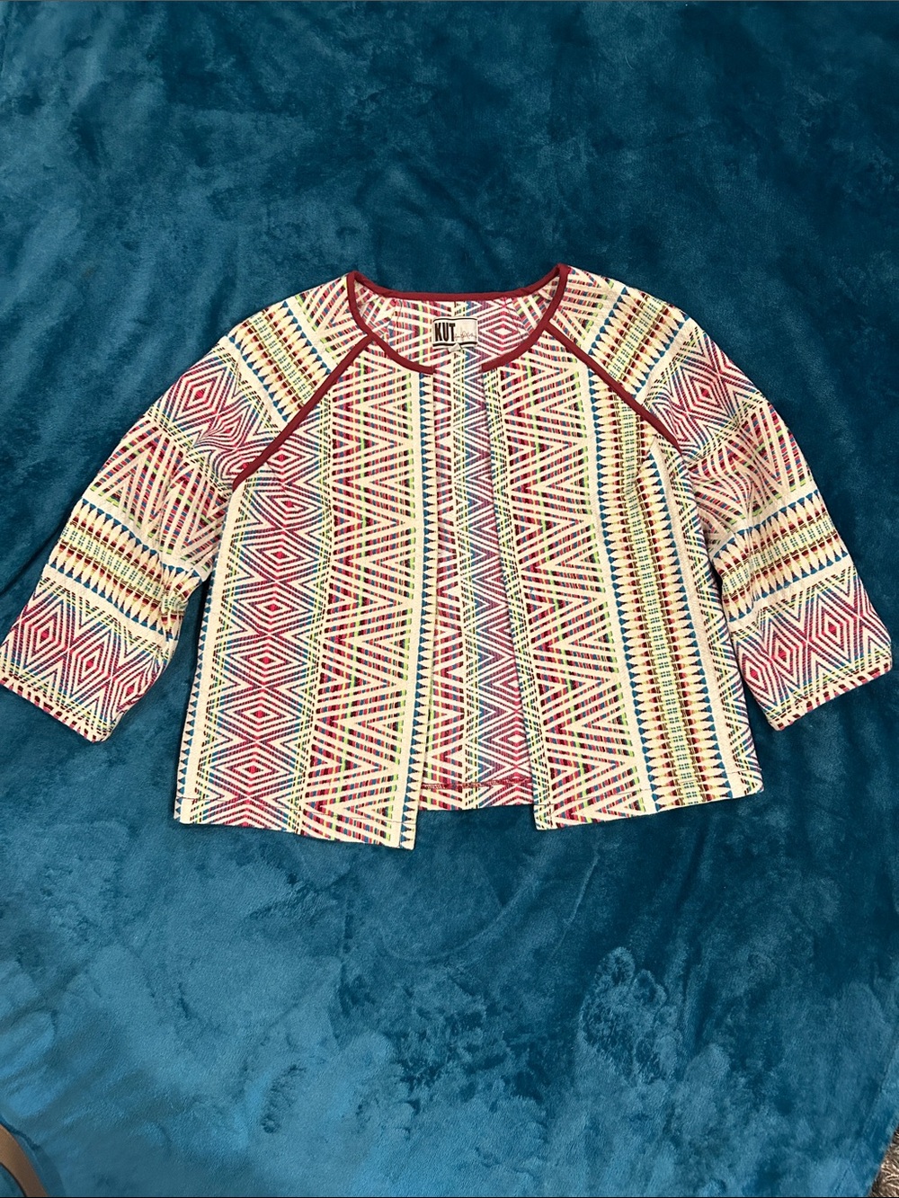 Kut from the Kloth Multicolor Aztec Print Ladies Jacket w/Deep Red/Burgundy Trim